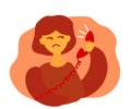 Displeased girl and a telephone receiver. Cartoon.